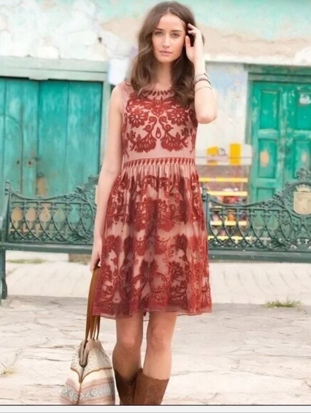 Sundance Love At First Sight Embroidered Lace Overlay Dress Peach Rust Sz 4